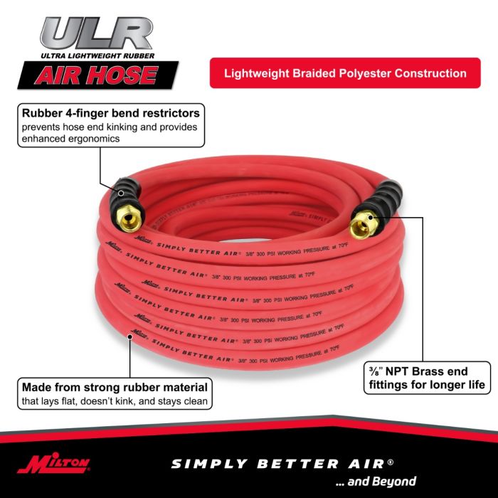 3/8" Ultra Lightweight Rubber Hose, 50' Air Hose w/ 3/8" NPT Male Inlet Thread Ends