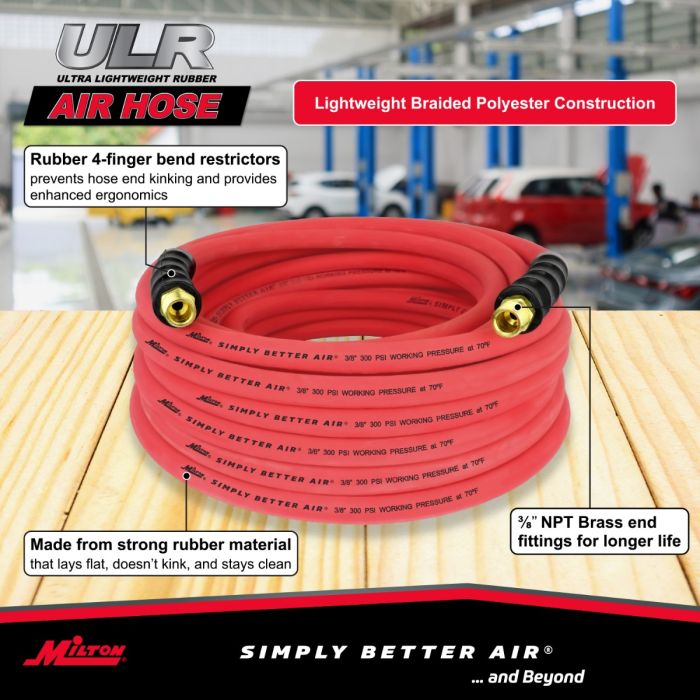 3/8" Ultra Lightweight Rubber Hose, 50' Air Hose w/ 3/8" NPT Male Inlet Thread Ends