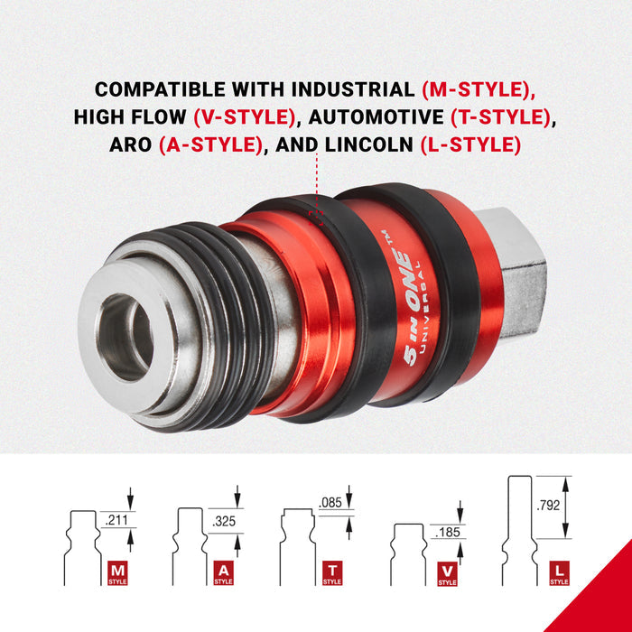 5 In ONE® Universal Coupler w/Safety Exhaust Quick-Connect, 1/4" Female NPT- PATENTED