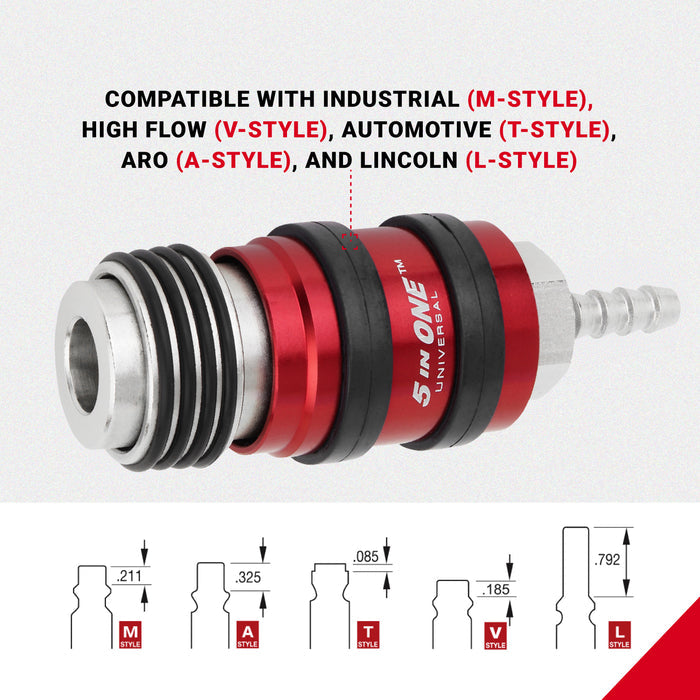 5 In ONE® Universal Safety Exhaust Hose Barb Industrial Coupler, 1/4" ID x 1/4" Flow Body