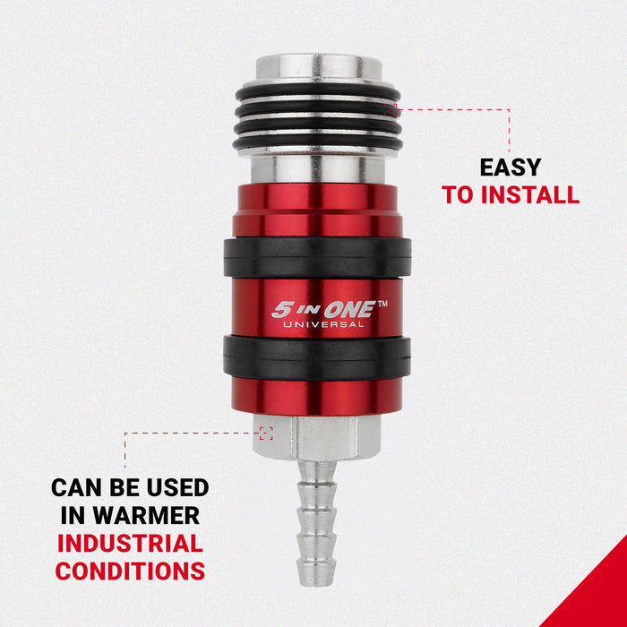 5 In ONE® Universal Safety Exhaust Hose Barb Industrial Coupler, 1/4" ID x 1/4" Flow Body