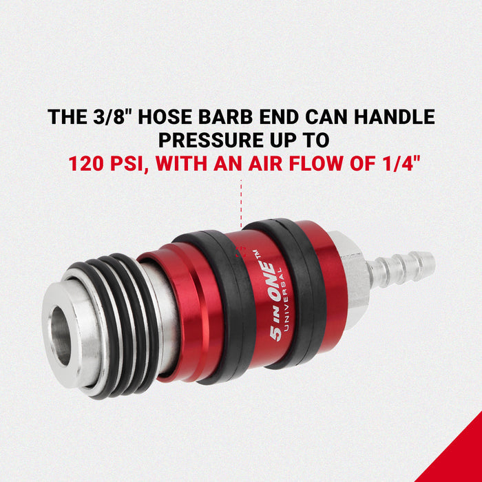 5 In ONE® Universal Safety Exhaust Hose Barb Industrial Coupler, 1/4" ID x 1/4" Flow Body