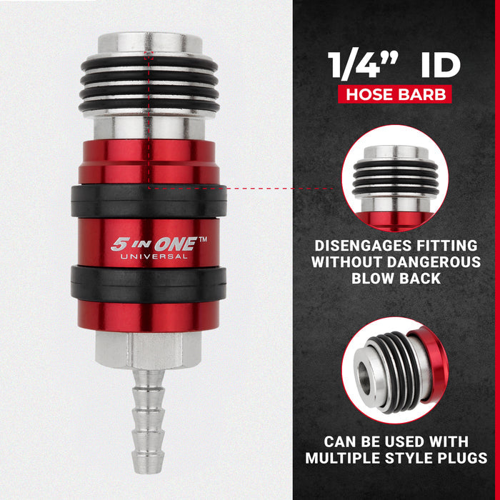 5 In ONE® Universal Safety Exhaust Hose Barb Industrial Coupler, 1/4" ID x 1/4" Flow Body