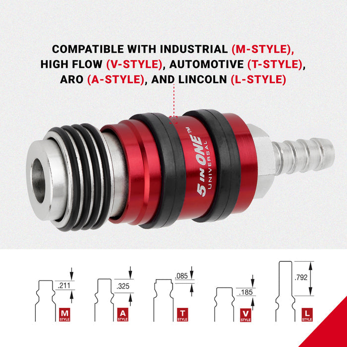 5 In ONE® Universal Safety Exhaust Hose Barb Industrial Coupler, 3/8" ID x 1/4" Flow Body, Box of 5