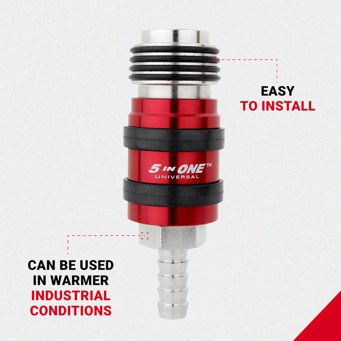 5 In ONE® Universal Safety Exhaust Hose Barb Industrial Coupler, 3/8" ID x 1/4" Flow Body, Box of 5