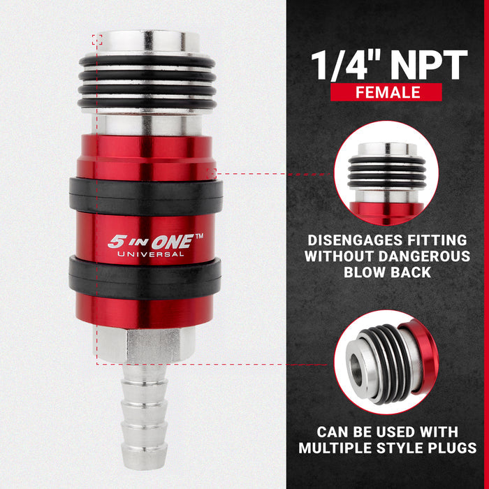 5 In ONE® Universal Safety Exhaust Hose Barb Industrial Coupler, 3/8" ID x 1/4" Flow Body, Box of 5
