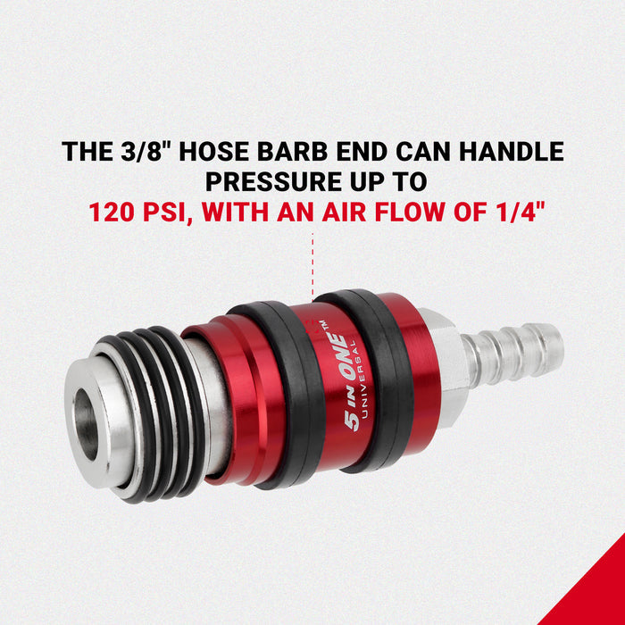 5 In ONE® Universal Safety Exhaust Hose Barb Industrial Coupler, 3/8" ID x 1/4" Flow Body, Box of 5