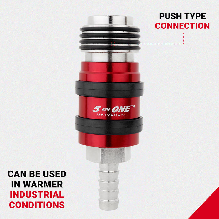 5 In ONE® Universal Safety Exhaust Hose Barb Industrial Coupler, 3/8" ID x 1/4" Flow Body, Box of 5