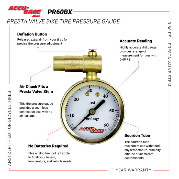 ACCU-GAGE® by Milton® Presta Valve Bike Tire Pressure Gauge with Bleeder Valve, for 0-60 PSI - ANSI Certified