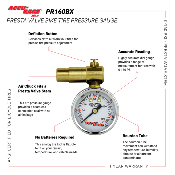 ACCU-GAGE® by Milton® Presta Valve Bike Tire Pressure Gauge with Bleeder Valve, for 0-160 PSI - ANSI Certified
