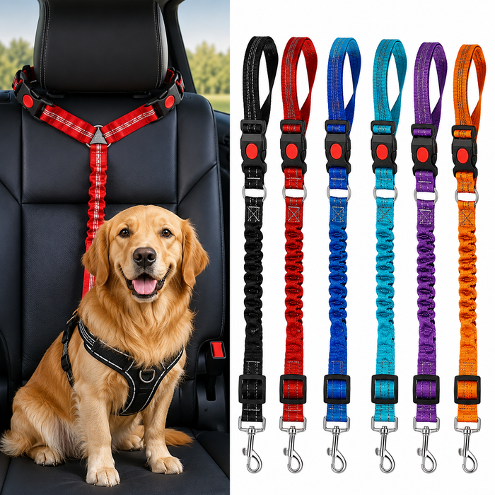 Adjustable Elastic Dog Seat Belt Leash with Shock Absorbing Bungee for Car Travel
