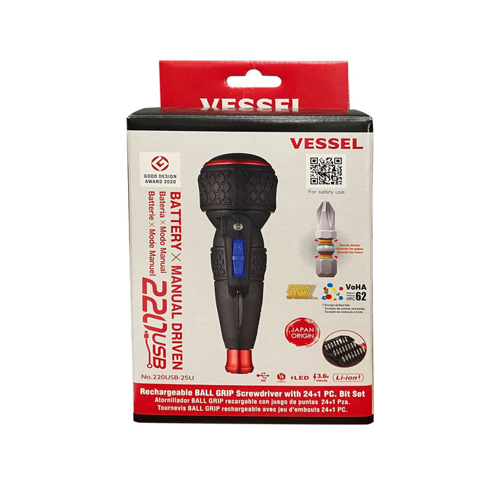 Battery Powered Screwdriver VESSEL Ball Grip 220USB Rechargeable with 25 PC. Bit Set