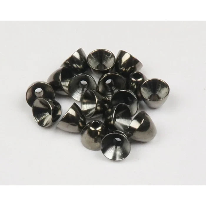 Brass Cone Heads in black nickel – sleek, low-glare finish ideal for stealthy streamer patterns in clear or low-light conditions.