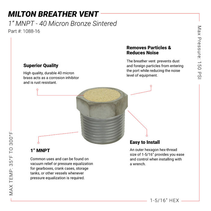 Breather Vent Pneumatic Muffler, 1" MNPT - 40 Micron Sintered Bronze Silencer/Diffuse Air & Noise Reducer