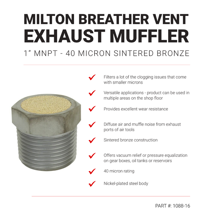 Breather Vent Pneumatic Muffler, 1" MNPT - 40 Micron Sintered Bronze Silencer/Diffuse Air & Noise Reducer