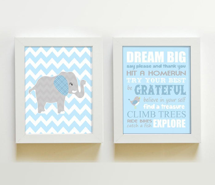 Chevron Dream Big Inspirational Rhyme Elephant Theme - Set of 2 - Unframed Prints - MuralMax Interiors