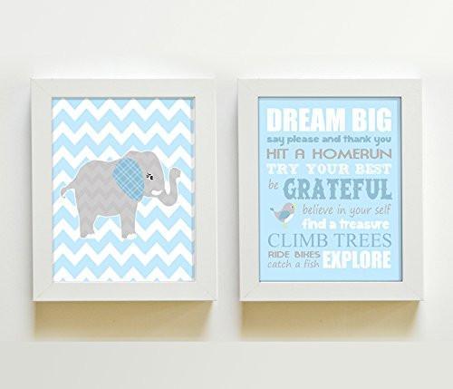 Chevron Dream Big Inspirational Rhyme Elephant Theme - Set of 2 - Unframed Prints - MuralMax Interiors