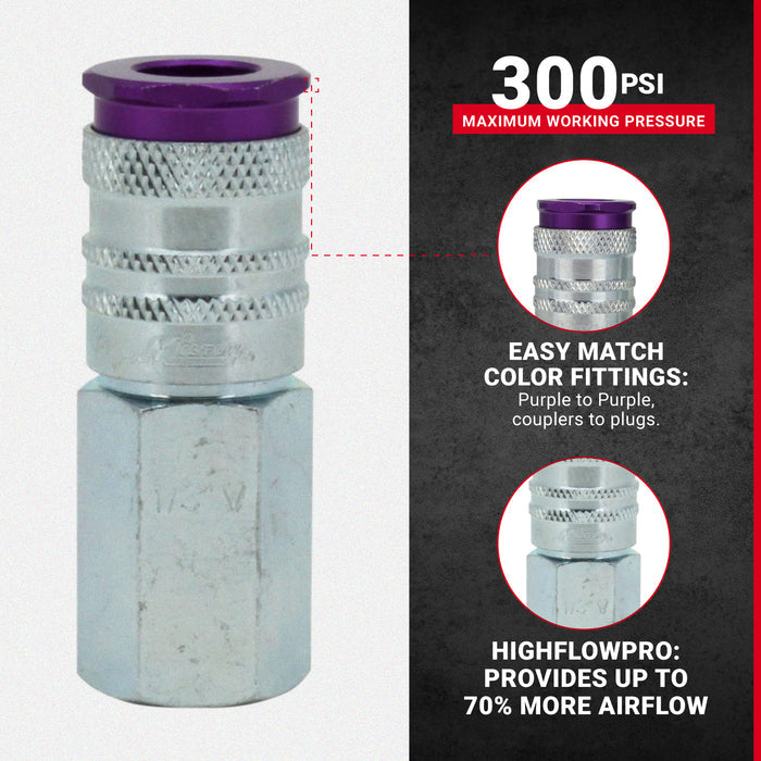 COLORFIT® HIGHFLOWPRO® Couplers (V-Style, Purple) - 1/4" NPT (Box of 10)