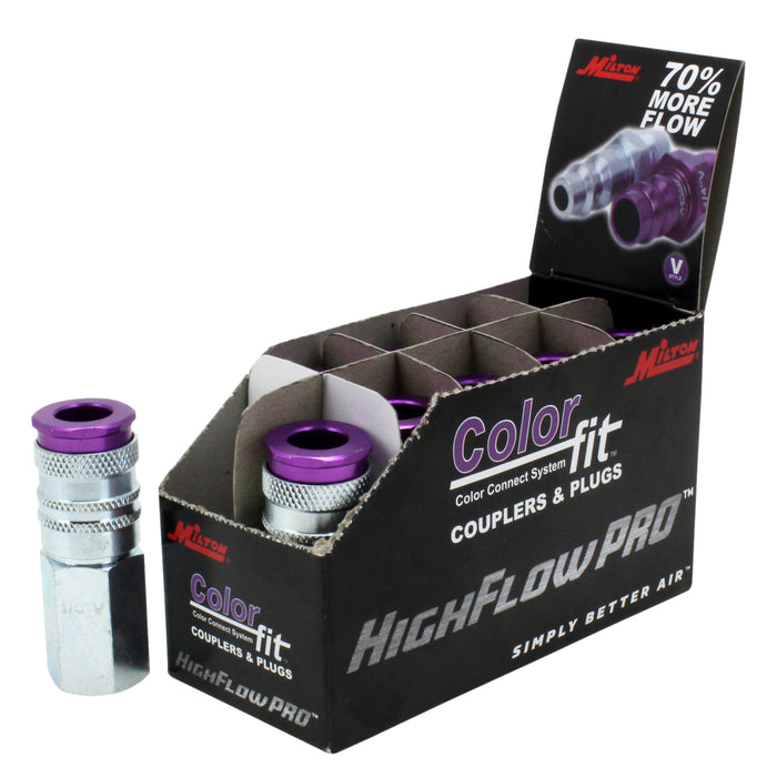 COLORFIT® HIGHFLOWPRO® Couplers (V-Style, Purple) - 1/4" NPT Female (Box of 10)