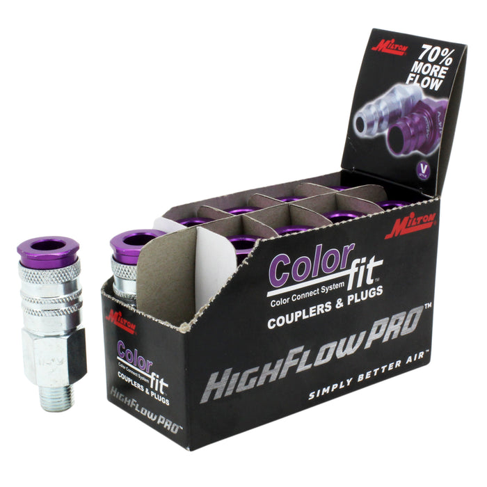COLORFIT® HIGHFLOWPRO® Couplers (V-Style, Purple) - 1/4" NPT Male (Box of 10)