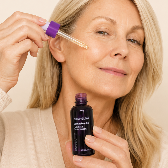A woman applies Dermaglow Dermaplane Oil to her cheek with a dropper, holding a bottle labeled "Michael Todd Beauty" for deep hydration and radiant skin.