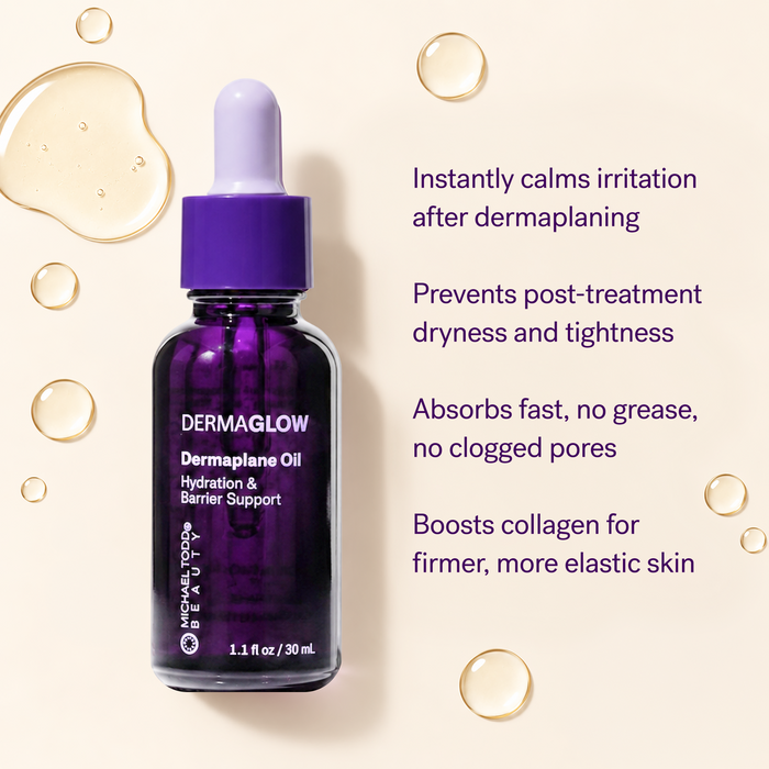 A translucent purple bottle of Michael Todd Beauty Dermaglow Dermaplane Oil with a lavender dropper cap is displayed on a light background, surrounded by oil drops and skincare benefit text—featuring Vitamin C antioxidants and soothing benefits for dermaplaning.