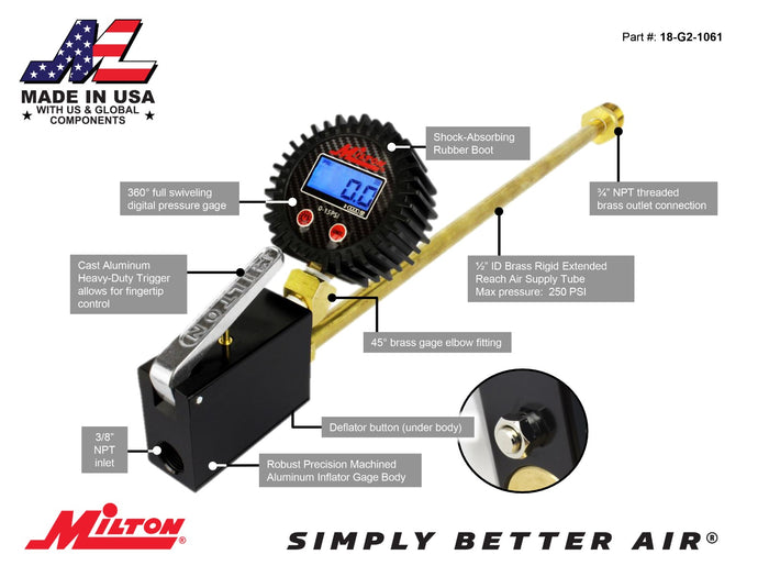 Digital Dunnage Bag Inflator 15" Extended Reach Brass Tube 3/8" ID, 1/4" MNPT Outlet (0-15 PSI)
