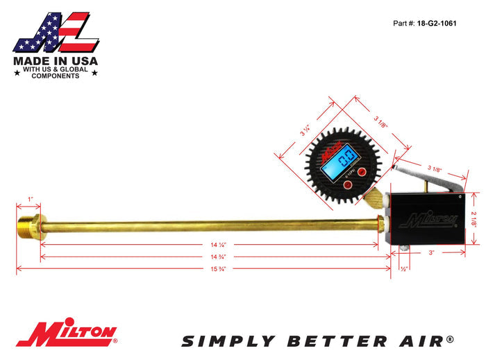 Digital Dunnage Bag Inflator 15" Extended Reach Brass Tube 3/8" ID, 1/4" MNPT Outlet (0-15 PSI)