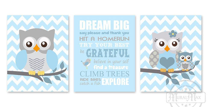 Dream Big Playroom Rules Baby Owl Decor - Set of 3 - Unframed Prints-Baby Blue Decor - MuralMax Interiors