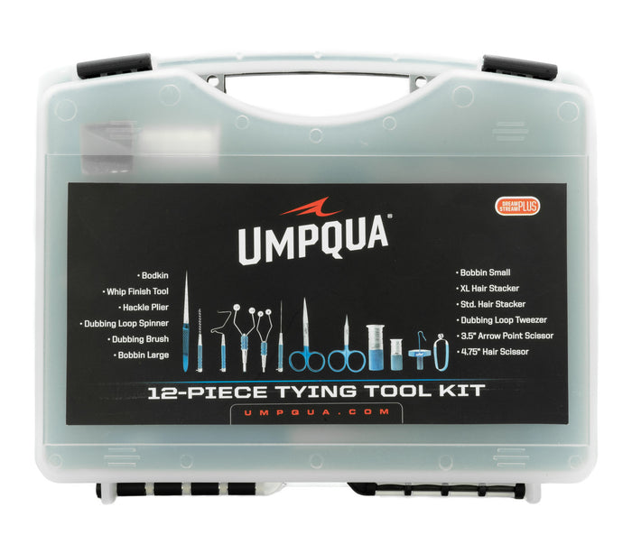 Umpqua Dream Stream Plus Master Tying Tool Kit – 12-piece fly tying tool set with premium scissors, bobbin, whip finisher, dubbing tools, hackle pliers, bodkin, and more in a zippered case.