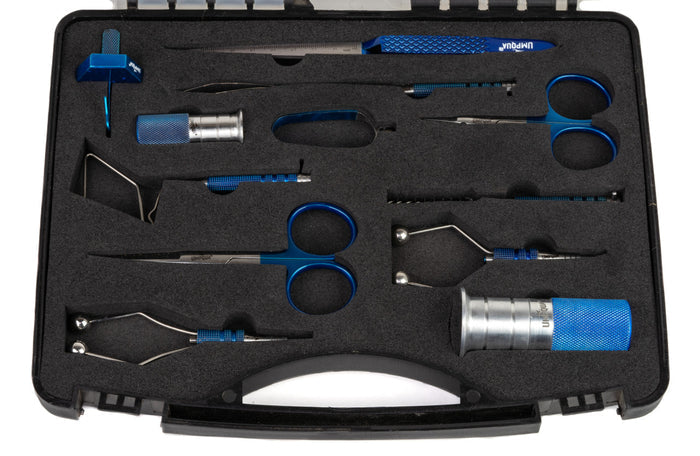 Umpqua Dream Stream Plus Master Tying Tool Kit – 12-piece fly tying tool set with premium scissors, bobbin, whip finisher, dubbing tools, hackle pliers, bodkin, and more in a zippered case.