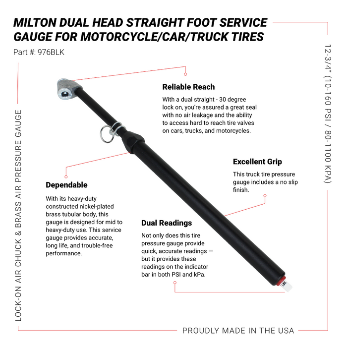 Dual Head Angled Chuck Service Gauge, Matte Black Poly Finish -13" 1-160 PSI