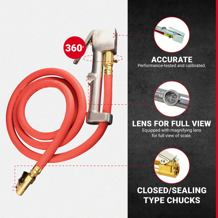 Easy-On Grip Chuck Tire Inflator Gauge with 5-Foot Hose - 10-160 PSI