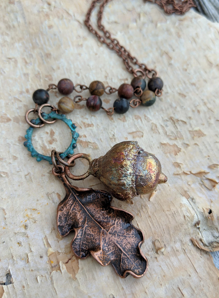 Electroformed Acorn Necklace with Cherry Creek Jasper II - Minxes' Trinkets