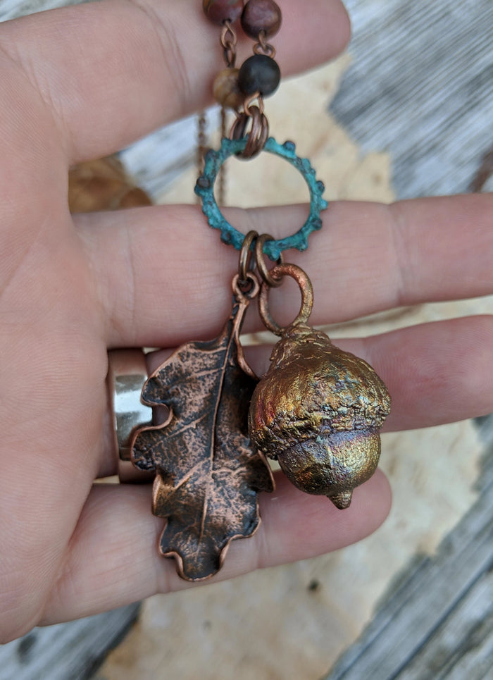 Electroformed Acorn Necklace with Cherry Creek Jasper II - Minxes' Trinkets