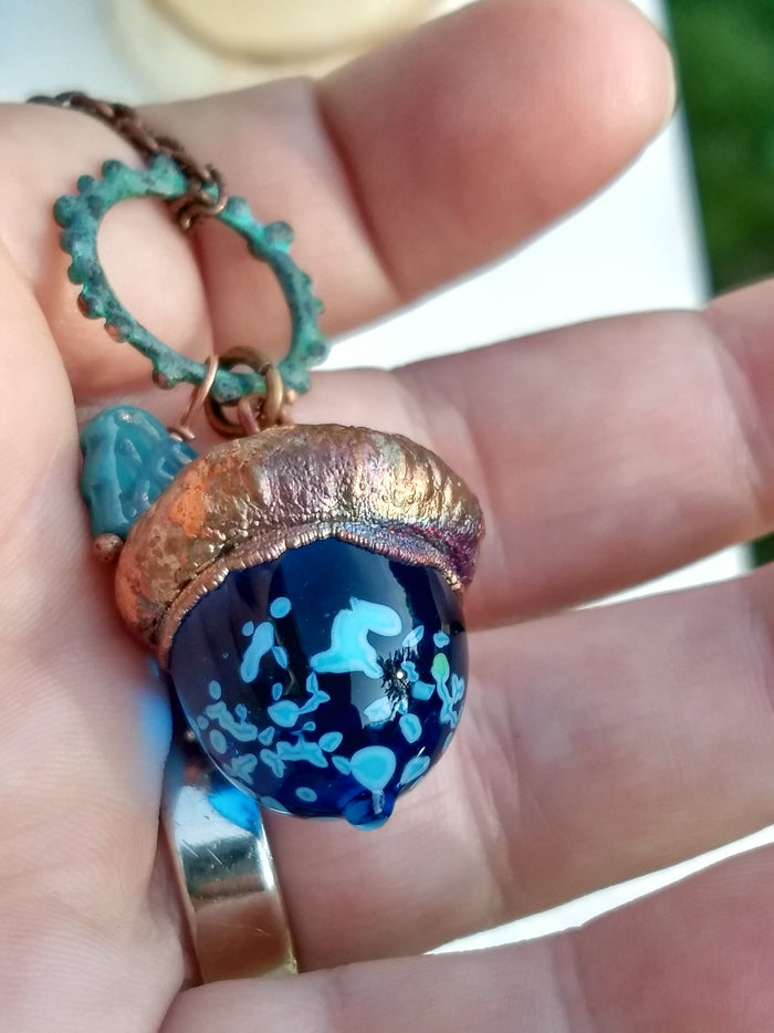 Electroformed Lampworked Glass Acorn - Dappled Caribbean Blue - Minxes' Trinkets