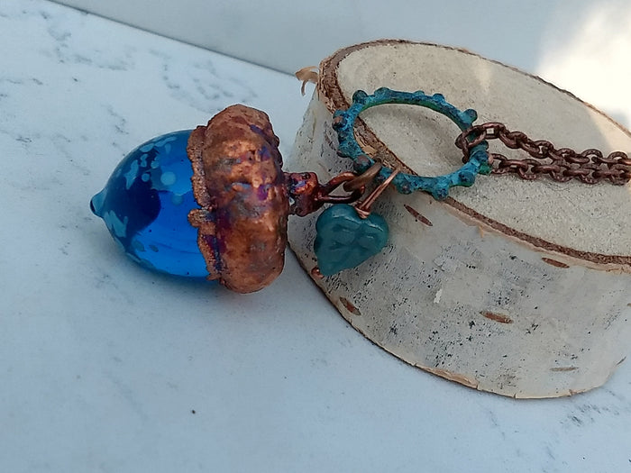 Electroformed Lampworked Glass Acorn - Dappled Caribbean Blue - Minxes' Trinkets