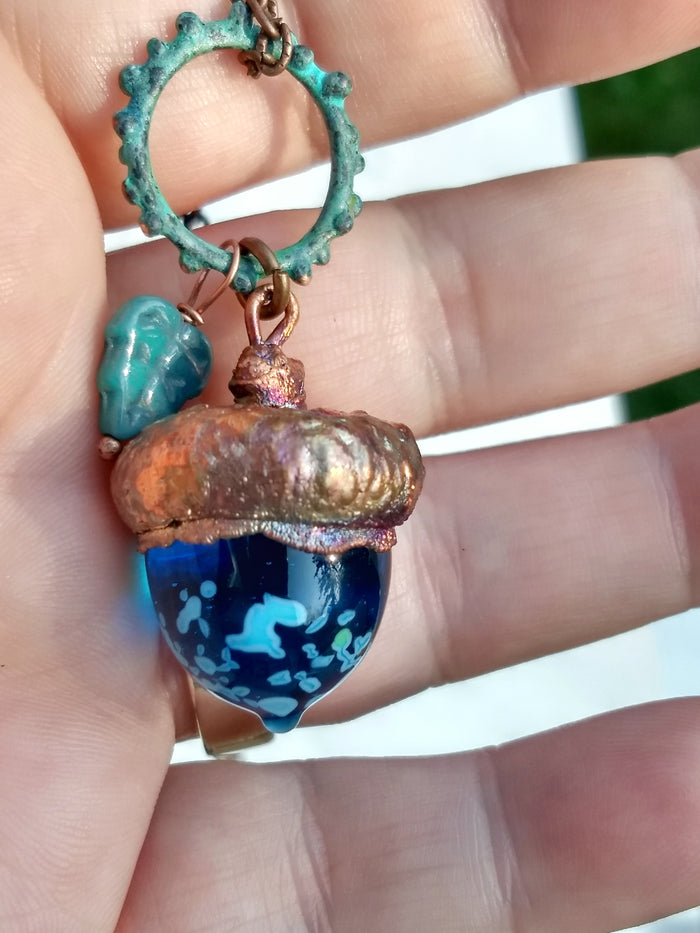 Electroformed Lampworked Glass Acorn - Dappled Caribbean Blue - Minxes' Trinkets