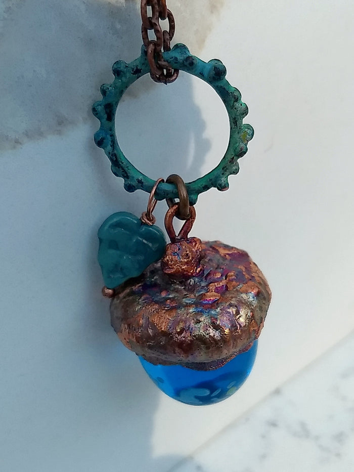 Electroformed Lampworked Glass Acorn - Dappled Caribbean Blue - Minxes' Trinkets