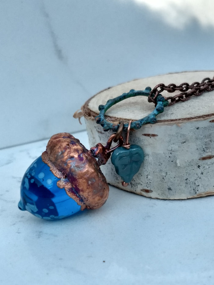 Electroformed Lampworked Glass Acorn - Dappled Caribbean Blue - Minxes' Trinkets