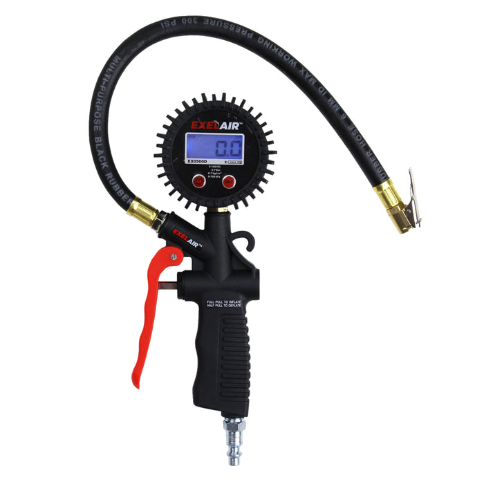 EXELAIR® Digital Pistol Grip Tire Inflator/Deflator Gauge, 16" Air Hose and Easy-Clip Chuck