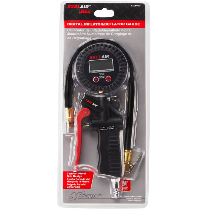 EXELAIR® Digital Pistol Grip Tire Inflator/Deflator Gauge, 16" Air Hose and Easy-Clip Chuck