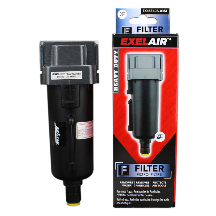 EXELAIR® FRL Air Filter, 3/8" NPT, Metal Bowl, Automatic Float/Overnight
