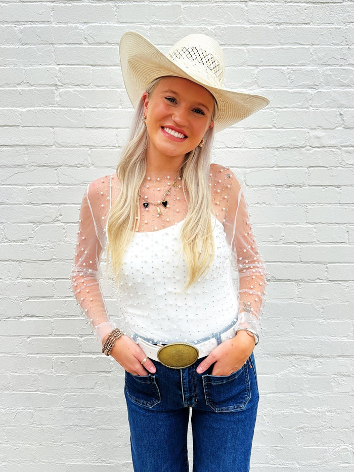 Faux Pearls Mesh Top In White - Infinity Raine