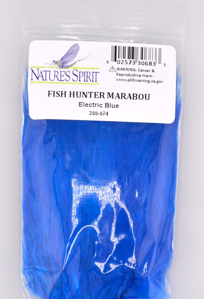 Fish Hunter Blood Quill Marabou in electric blue—bold, flowing feathers perfect for tying steelhead and saltwater flies that demand flash, contrast, and movement in cold or clear water.