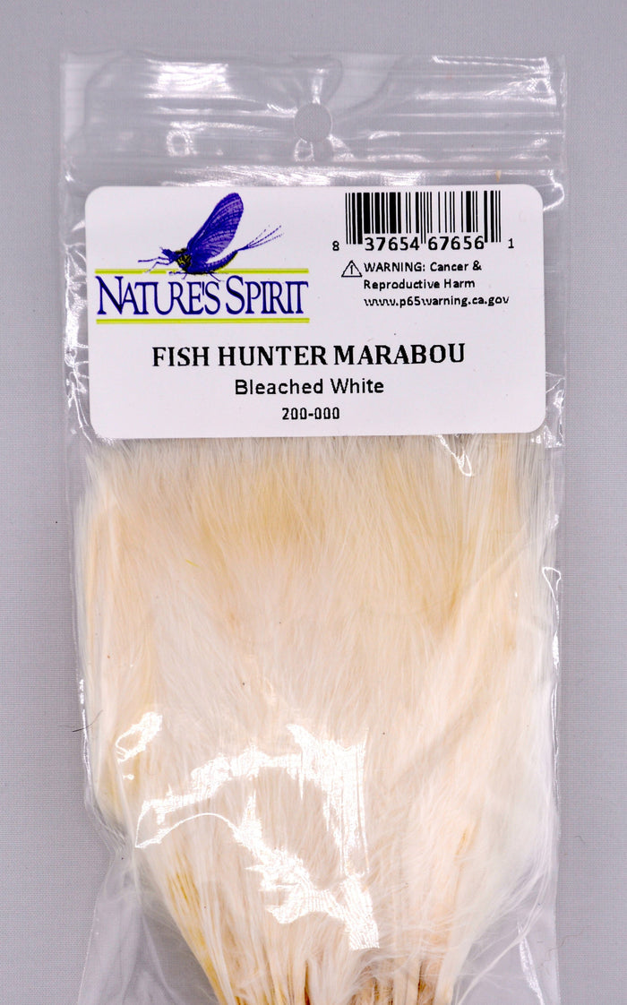 Fish Hunter Blood Quill Marabou in bleached white—versatile, bright feathers ideal for clean silhouettes, winter steelhead flies, baitfish imitations, and snowy attractor patterns.