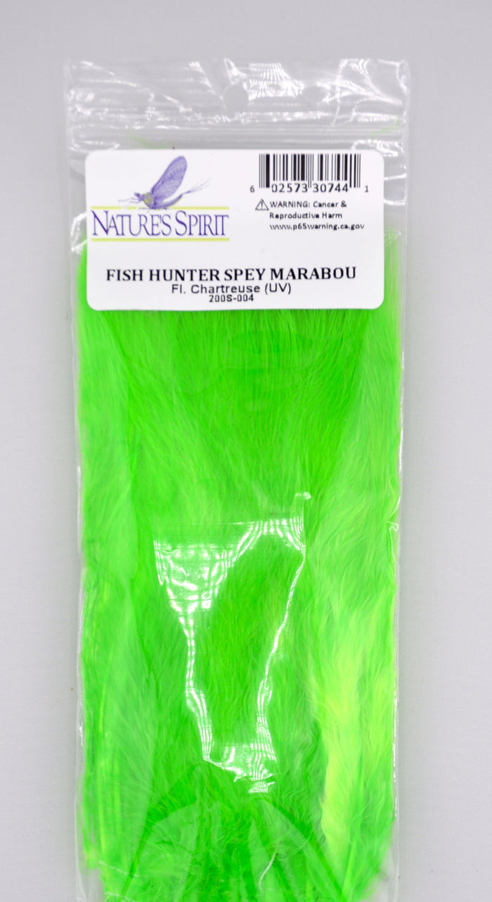 Fluorescent chartreuse Fish Hunter Blood Quill Spey Marabou feathers from Nature’s Spirit, ideal for steelhead and salmon flies needing bold color and maximum movement.