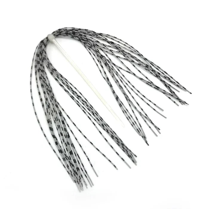 Medium Grizzly Barred Legs in Gray by Hareline—silicone fly tying legs with realistic gray barring that imitate insect legs and add subtle movement to trout and steelhead patterns.