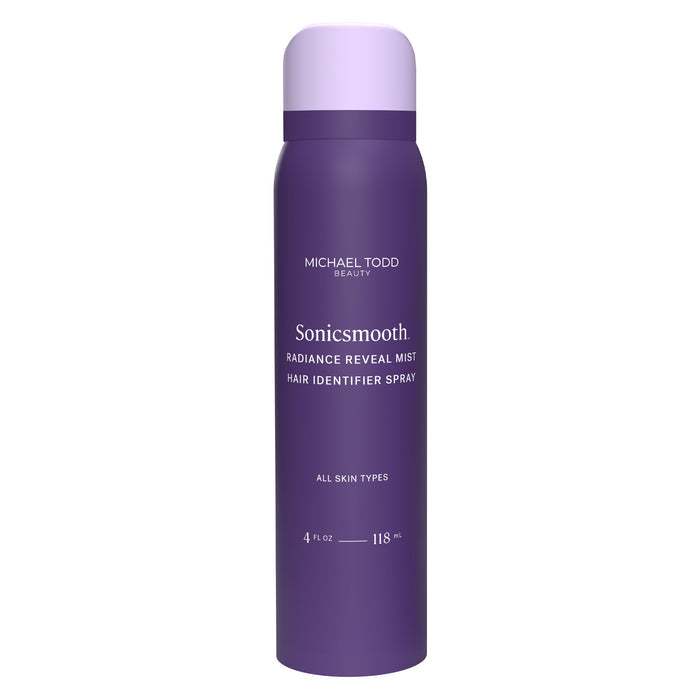 A 4 fl oz (118 mL) purple aerosol bottle of Michael Todd Beauty Sonicsmooth Radiance Reveal Mist Hair Identifier Spray for all skin types—ideal prep before your Sonicsmooth Pro+ System routine.