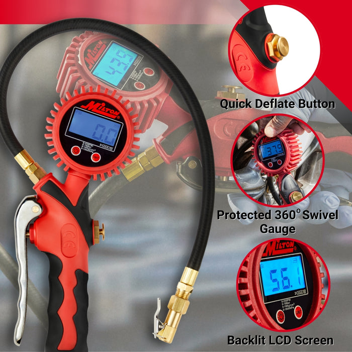 Heavy-Duty Digital Tire Inflator and Air Pressure Gauge, Clip-on Chuck, 1/4" NPT, 20" Rubber Hose, 0-255 PSI